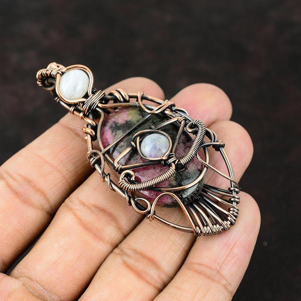 Подвеска из родонита от сглаза, драгоценный камень, обернутый в проволоку, подвеска из лунного камня, медная бижутерия, кулон ручной работы от сглаза, подарок для матери