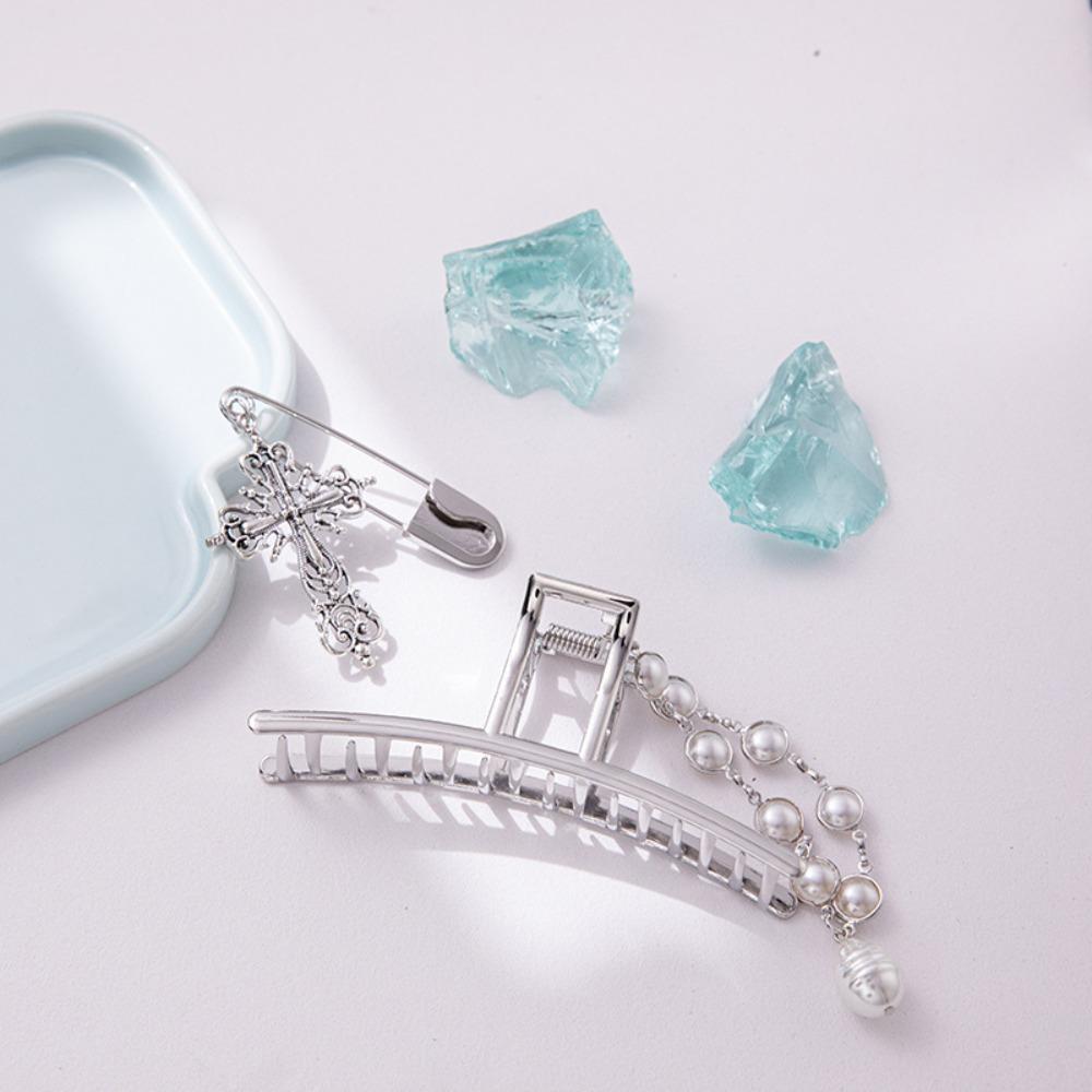 Ювелирные изделия Набор для волос с когтями Винтажный кулон-крест Краб Заколка для волос с жемчужной цепочкой Аксессуар для укладки волос