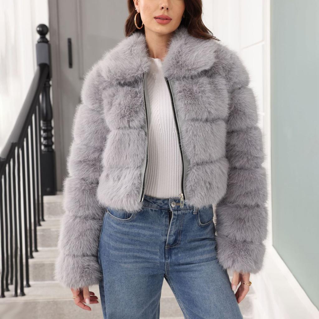 Women's Fashionable Warm Long Sleeve Solid Color Furry Collar Coat