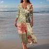 Women's Vintage Print Tunic Waisted Midi Dress Summer Casual 3/4 Sleeve Dress Dress