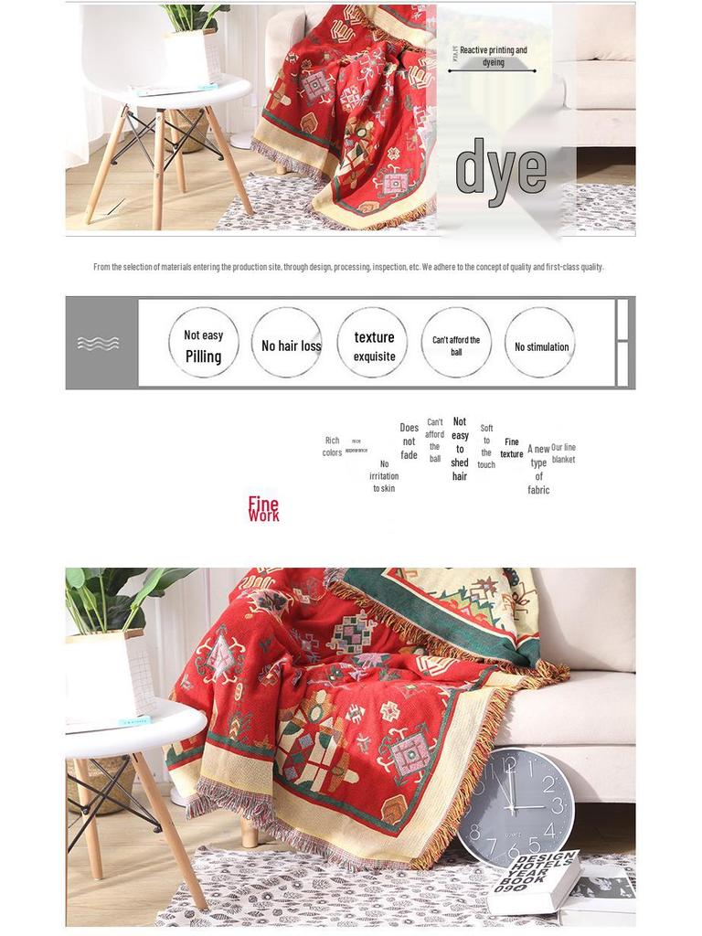 Европейский желтый плед в тибетском стиле, полностью хлопковый, двухсторонний, вязаный - Нескользящий, модный, минималистичный дизайн для дивана