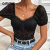 Summer Women's Jumpsuit Sexy Lace Bubble Short Sleeve Top Lace See Through One Piece Top