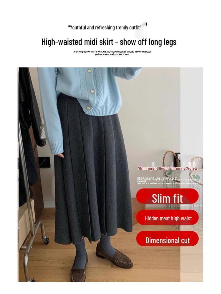 Women's Petite High-Waisted Gray Wool Pleated A-Line Skirt for Spring/Summer