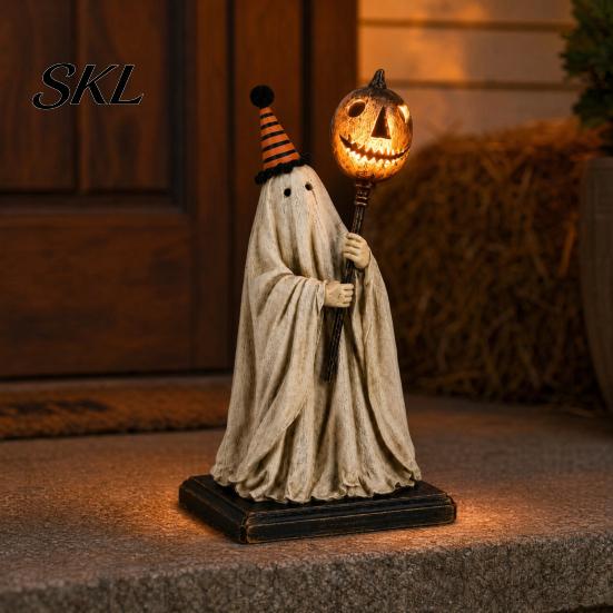 Textured Resin Halloween Statue Vintage Ghost Figurine with Glowing Pumpkin Scepter, Ornament Striped Hat LED Light, Lighted Decoration for