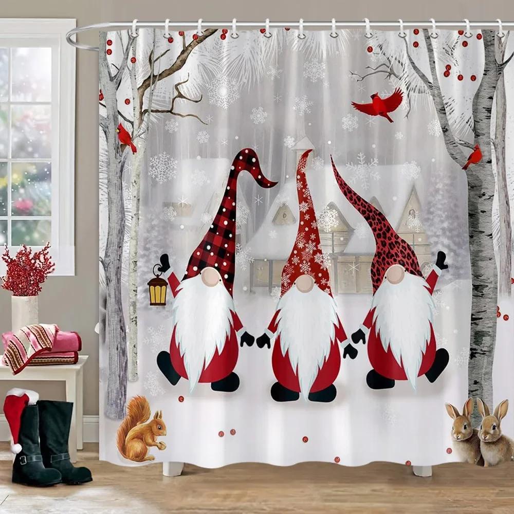Merry Christmas Shower Curtain Winter Red Truck Snowman Reindeer Snow Farmhouse Shower Curtain Washable Polyester Bathroom Decor