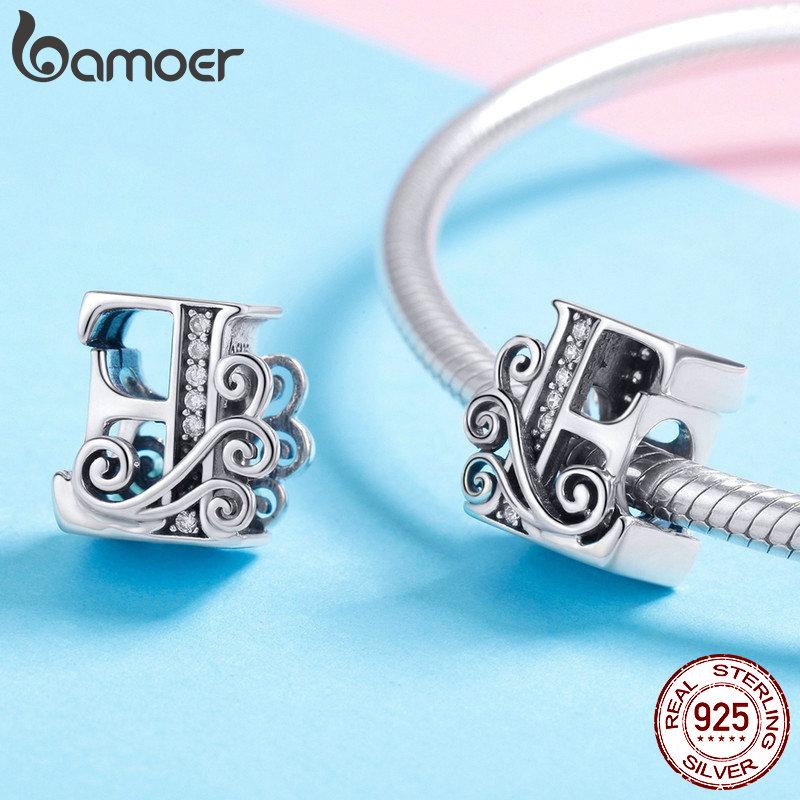 BAMOER Натуральное серебро 925 пробы Буква E Алфавитные бусины Подвески подходят для браслетов и браслетов DIY