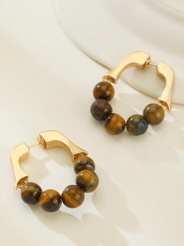 1 Pair Vintage Western Style Minimalist Round Bead Hoop Earrings, Unique Design Fashion Jewelry For Women, Suitable For Daily Wear & Vacation