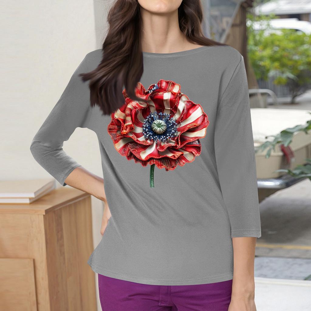 3/4 Sleeve Tops For Women T-Shirt Casual Print Tops T Shirt Round Neck Pullover Blouse