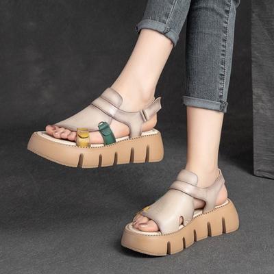 Повседневные сандалии с открытым носком из натуральной кожи на толстой подошве, дышащая женская обувь на платформе с полым носком