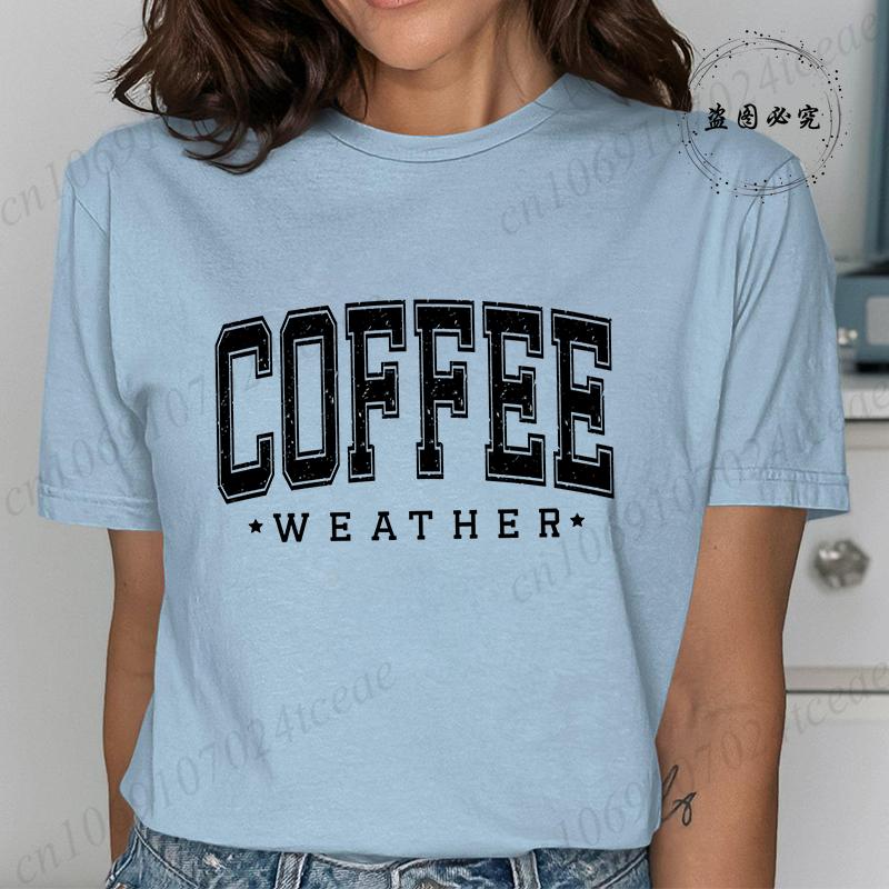 Coffee Weather Retro Letters Tshirt for Women Short Sleeve Round Neck Loose Large Size Casual Top Oversized TShirts Clothing