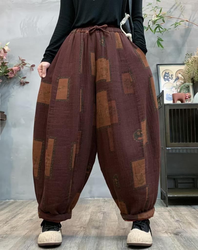 Johnature Женские зимние модные брюки-шаровары в винтажном стиле с принтом, свободные повседневные брюки с эластичной резинкой на талии в китайском стиле