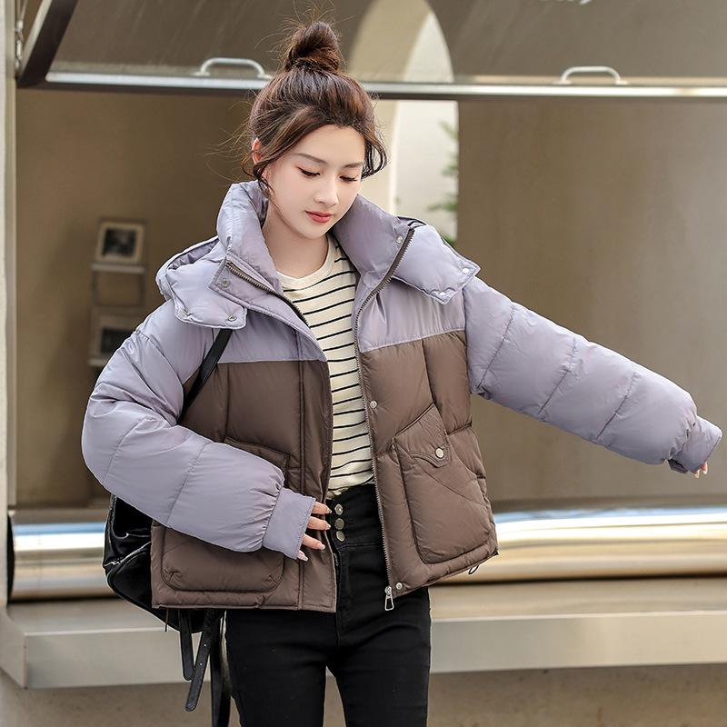 Autumn and Winter Women's Coat Hooded Short Color Matching Loose Casual Thickened Windproof Student Jacket