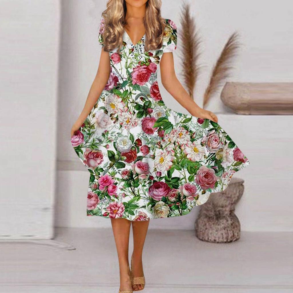 Women's Spring And Summer Fashion V Neck Short Sleeve Flower Printed Loose Hem Dress