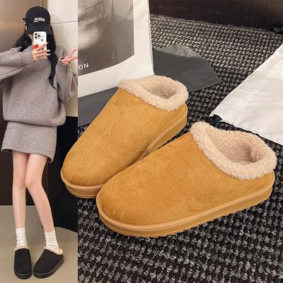2025 зимняя сумка на голову полутапочки женские однотонные ретро овечья шерсть бархат теплые новые хлопковые туфли женские ноги