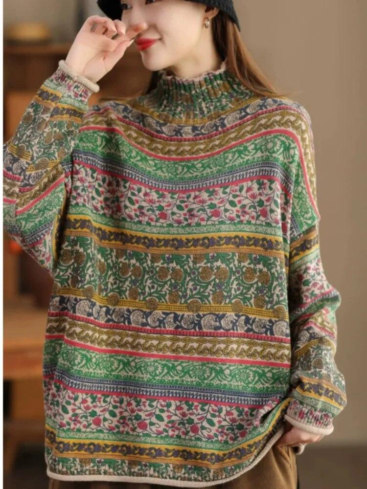 Johnature Women Pullover Vintage Sweaters Mock Neck Long Sleeve Spring Knitted Cotton Women Casual Soft Sweaters