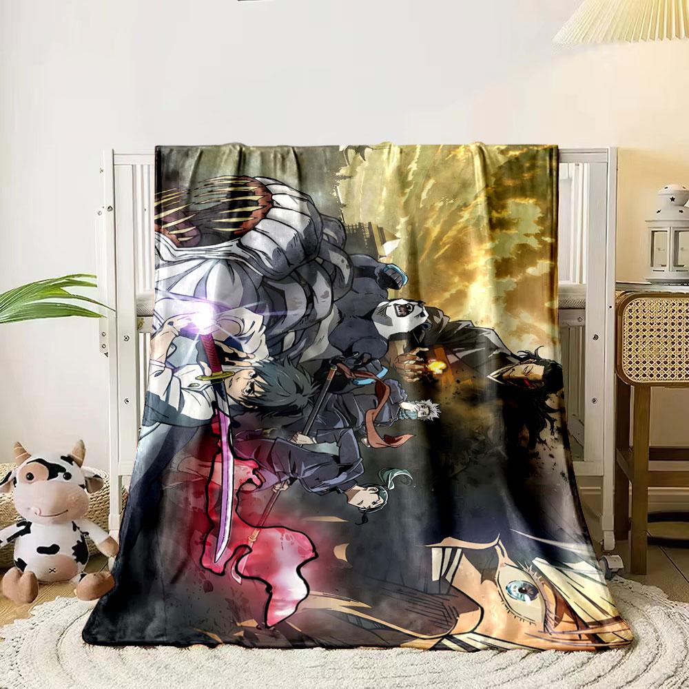 Action-packed anime scene with characters battling amidst a dramatic sky. for all seasons blanket lunch break throw gift