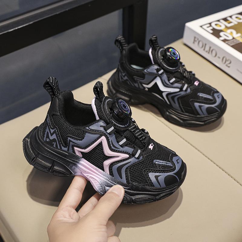 Girls shoes autumn 2025 new children's non-slip sneakers black rotating button breathable dad shoes girls