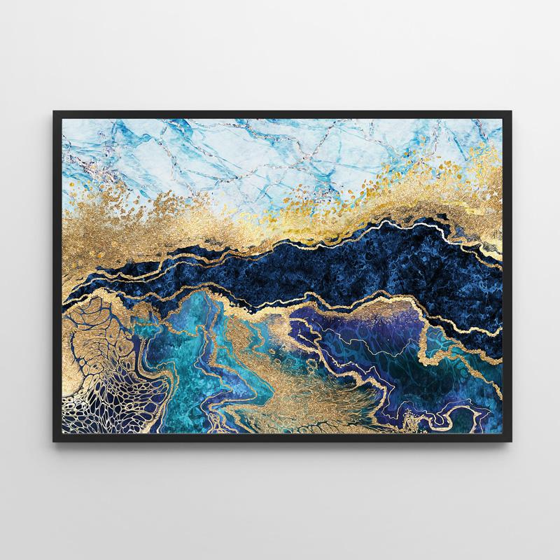 Poster Abstract Gold Blue Horizontal In Black Frame