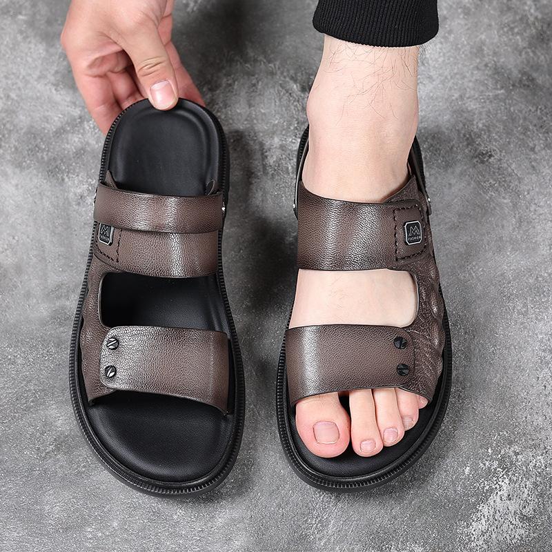 Summer first layer sheepskin men's sandals leather outdoor beach shoes fashion dad men's leather sandals men's slippers