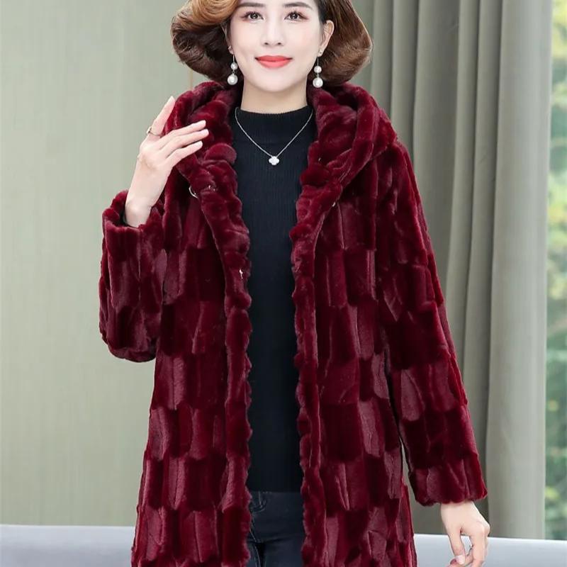 Новая зимняя шуба из искусственной норки для женщин среднего и пожилого возраста, утолщенная шуба из искусственной норки с капюшоном