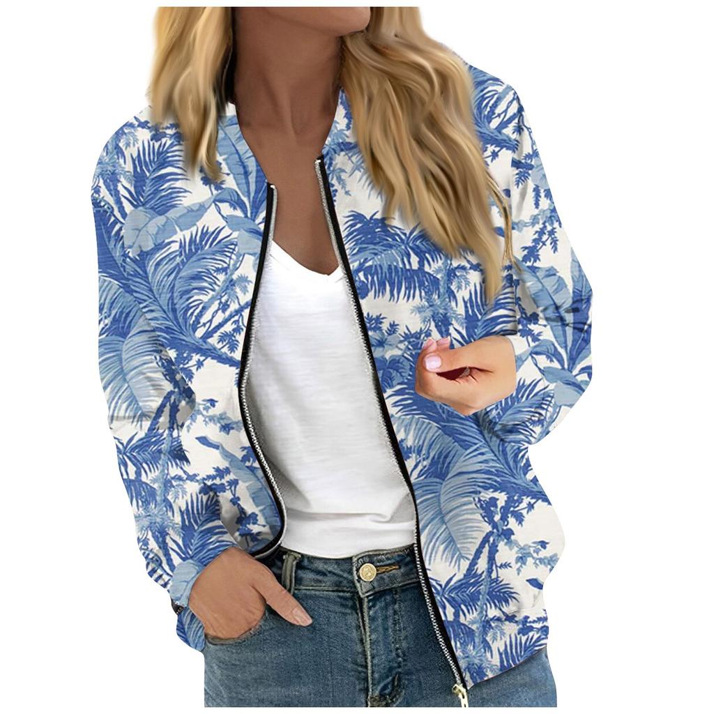 Women's Fashionable Casual Long Sleeve Floral/Leaf Print Round Neck Zipper Jacket