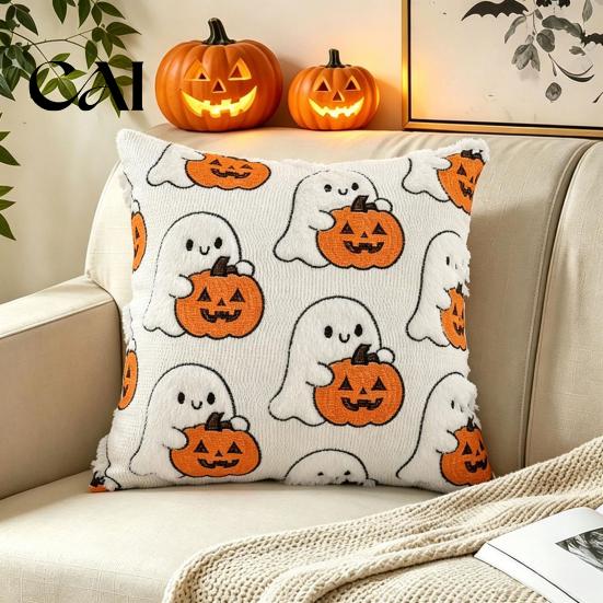 Cute Embroidered Throw Pillow Cover Ghost Pumpkin Cushion Cover, Halloween Invisible Zipper Protector Case, Soft Plush Pillowcase for Couch