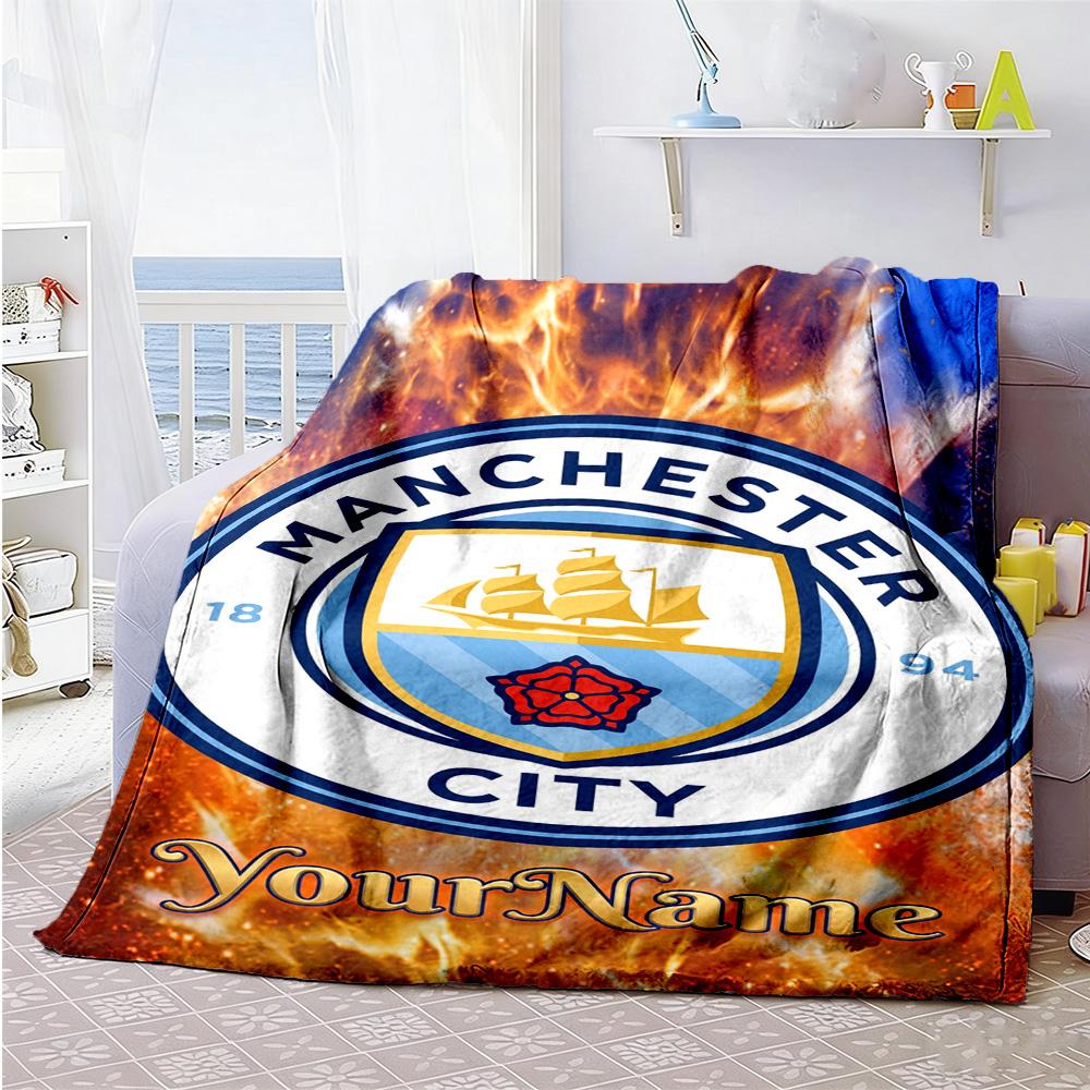 Manchester City Customize Text Blanket Gift Customizable Blanket Comfortable Suitable for Chair Bed Sofa Home Decor Ideal for All Seasons