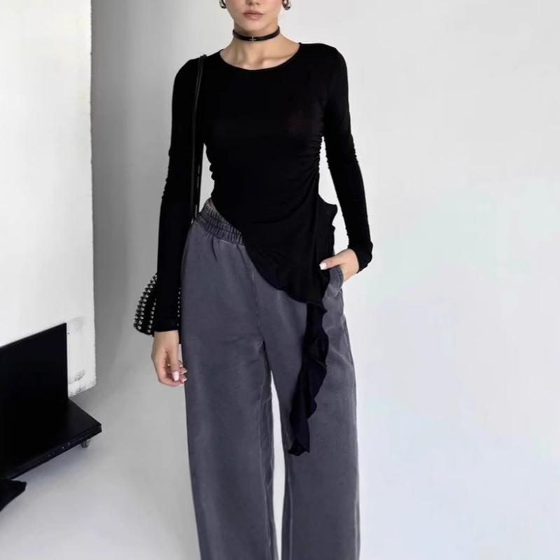 Европейская и американская осенняя мода, дизайн со вставками, топ с неровным кружевом в виде лепестков лотоса и лентами