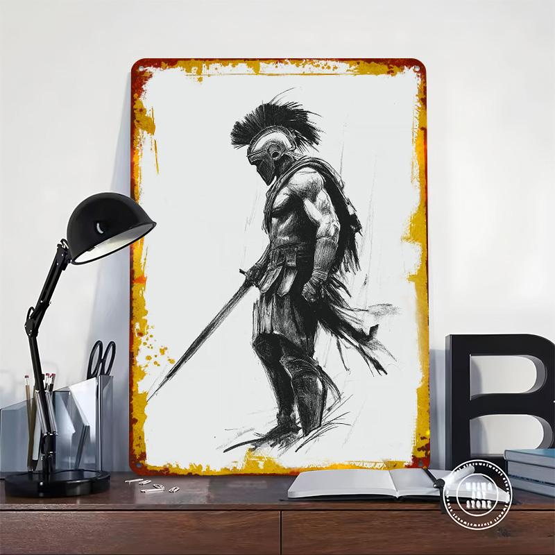 Spartan Warrior Pencil Sketch Printed Poster Customized Wall Art Retro Vintage Metal Tin Signs for Man Cave Home Decorations