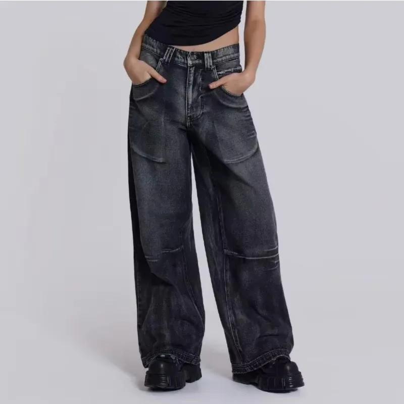 Y2k Vintage Women Jeans Back Wing Printed Rivet Washed Wide Leg Denim Pants Baggy Distressed Casual Trousers Streetwear