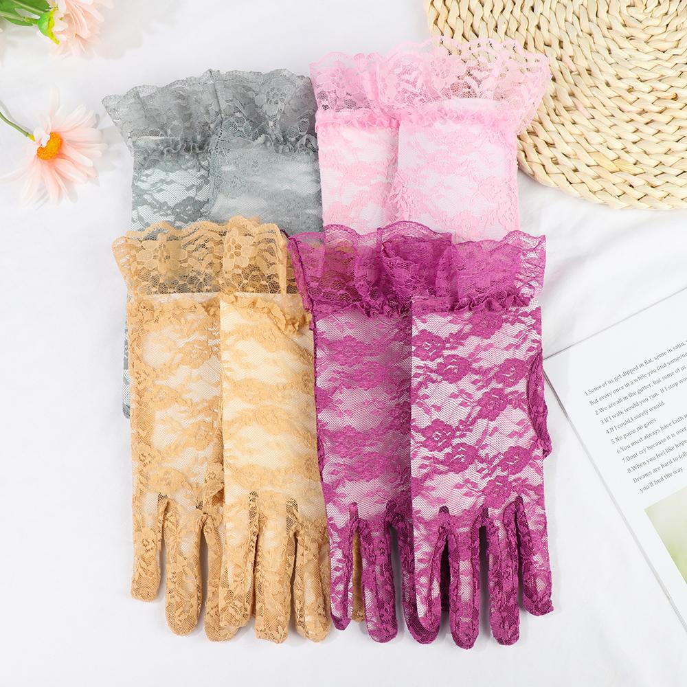 UV Protection Mittens Lace Gloves White Bride Gloves Rose Flower Pattern Party Dressy Gloves