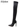 Fashion Eilyken Fashion Runway Crystal Stretch Fabric Sock Over-the-Knee Boot Thigh High Pointed Toe Woman Stiletto Heel Shoes