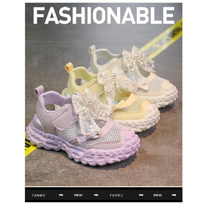 Girls' Summer Sports Sandals with Pearls, Lace, Bow, and Hollow Mesh Design