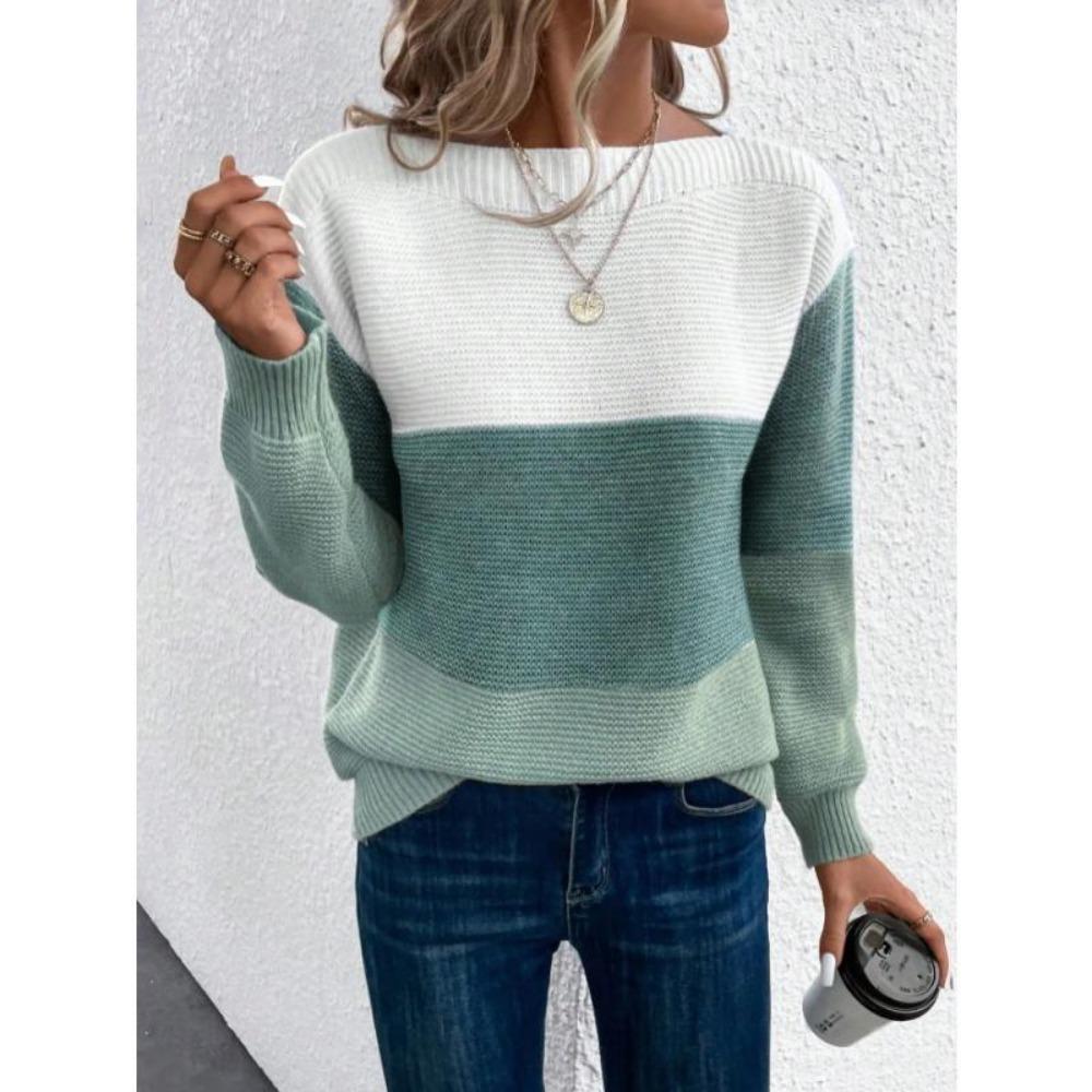 Elegant Three-color Patchwork Sweater Women Daily Commuter Casual Loose Jumpers Female Autumn Winter Knitted Thickened Warm Tops