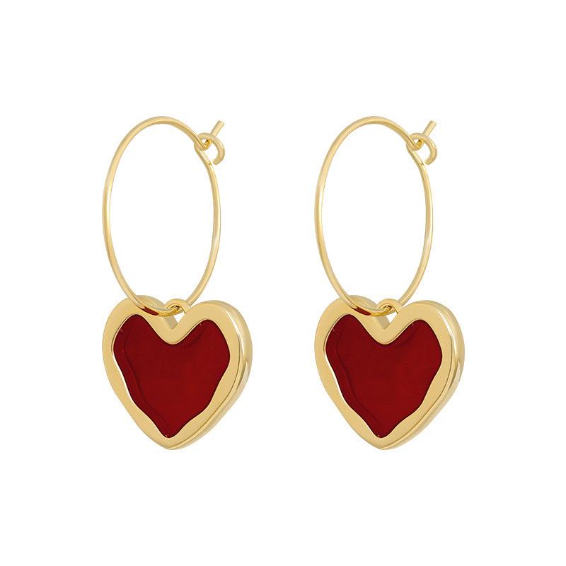 Fashionable Wine Red Heart-shaped Earrings with Simple Temperament, Personalized Earrings, and Accessories for Women