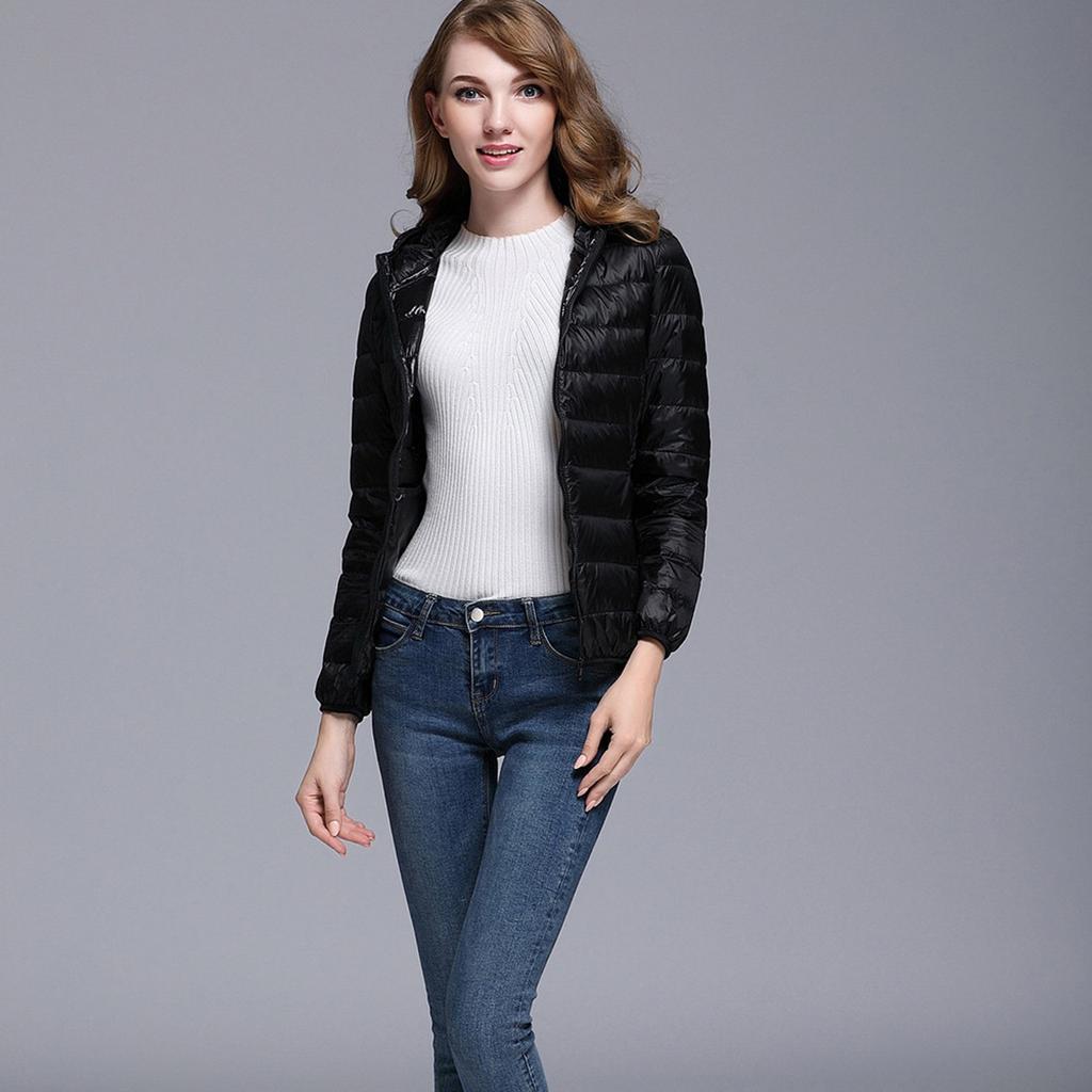 Women Color Ultra Light Jacket Solid Hooded Zippers Coat Down Jacket