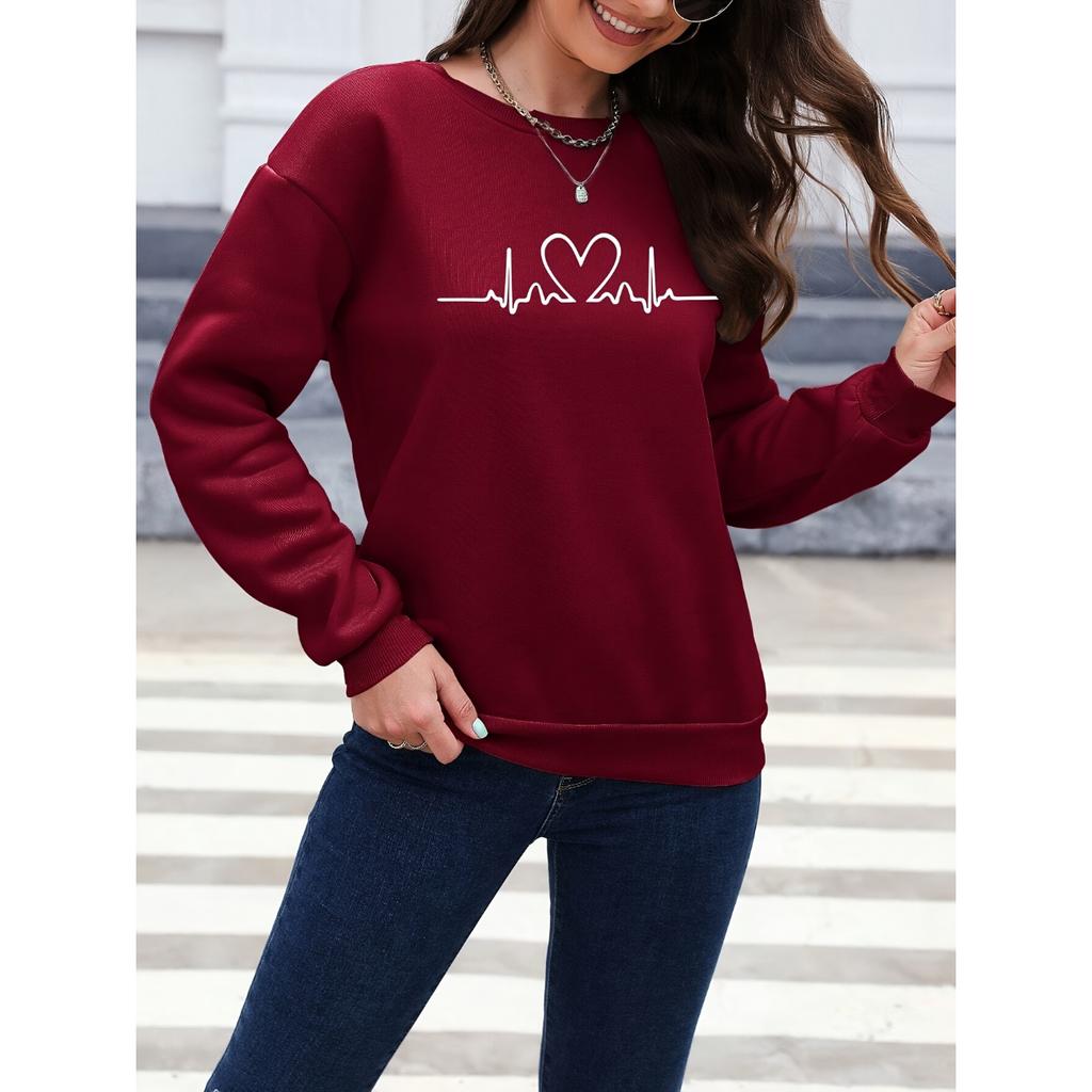 Женская плюшевая толстовка-свитшот с круглым вырезом, узором в виде сердца, на плюшевой подкладке, спортивная одежда для осени и зимы, подходит для зимы