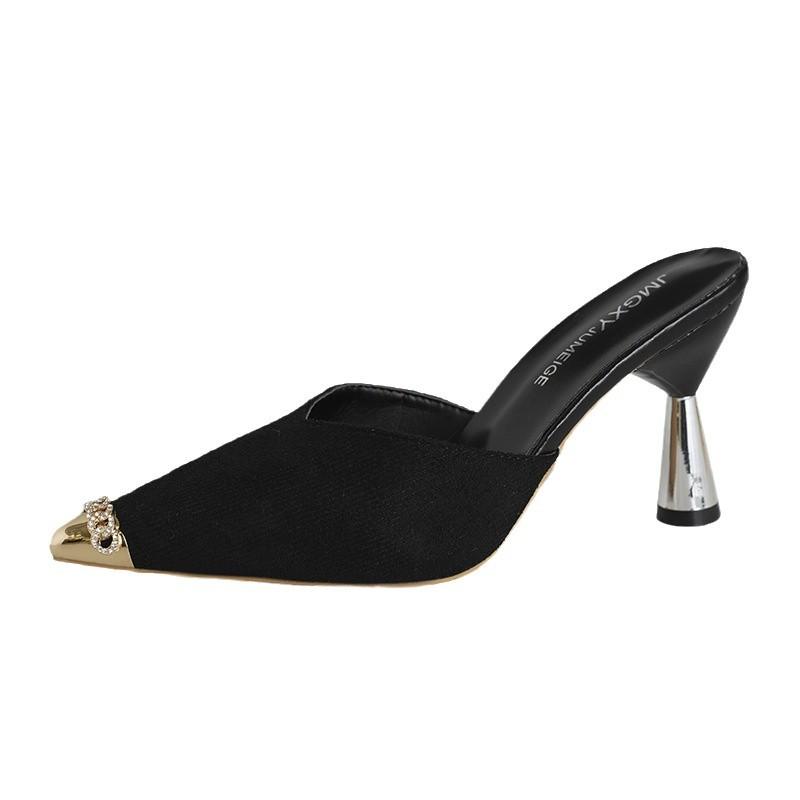 2025 Spring New Bag Head Half Slippers 33 Small Size Pointed Head Stiletto High Heels Fashion Muller Cool Slippers Women's Summer