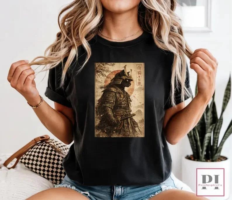Samurai Cat T-Shirt, Japanese Anime Tee, Cat Lover Gift