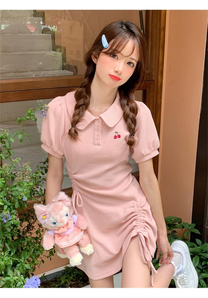 2026 Spring/Summer College Fashion Polo Collar Milk Sweet Spicy Girl Drawstring Waist Small Dress