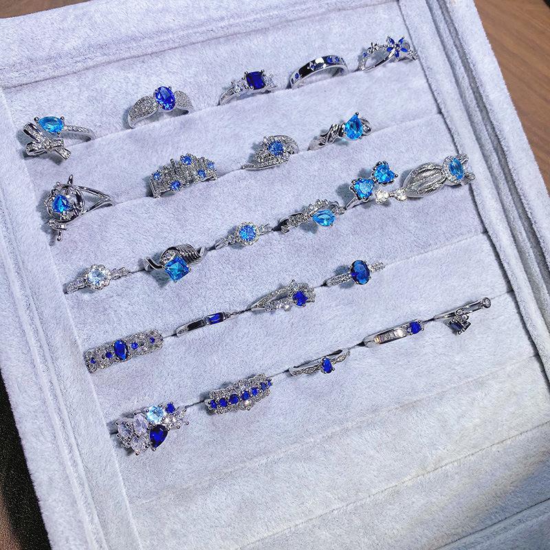 Caibao Персонализированное Морской Синий Микро-Инкрустированное Циркон Кольцо-Кольцо для Ручки Женское Геометрическое Нишевое Легкая Роскошь Высококачественное Кольцо Женское