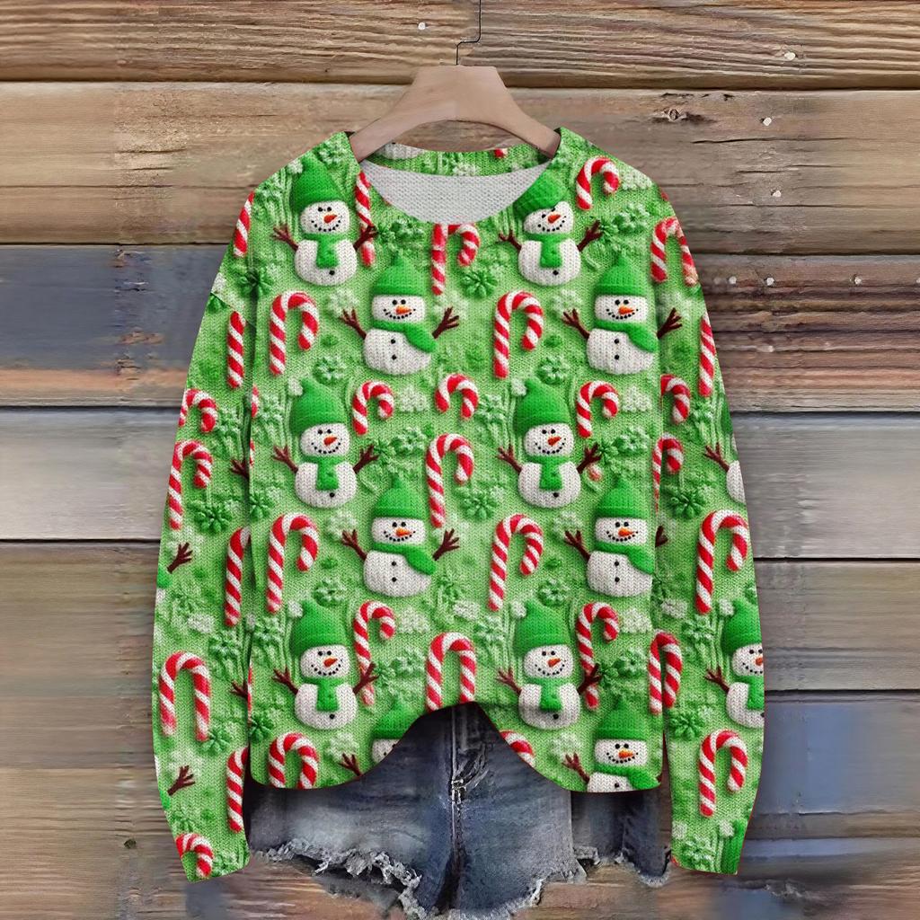 Women's Christmas Print Cardigan Long Sleeve Round Neck Knit Top
