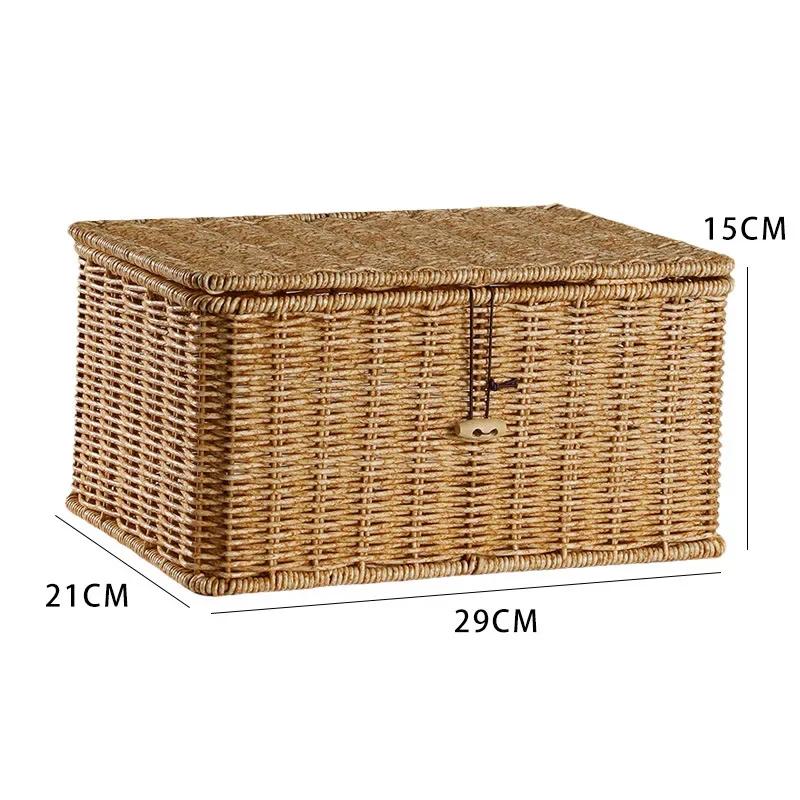 Household Storage Basket Imitation Rattan Woven Storage Box with Lid Clothes Sundries Rattan Basket Home Desktop Organizer Box