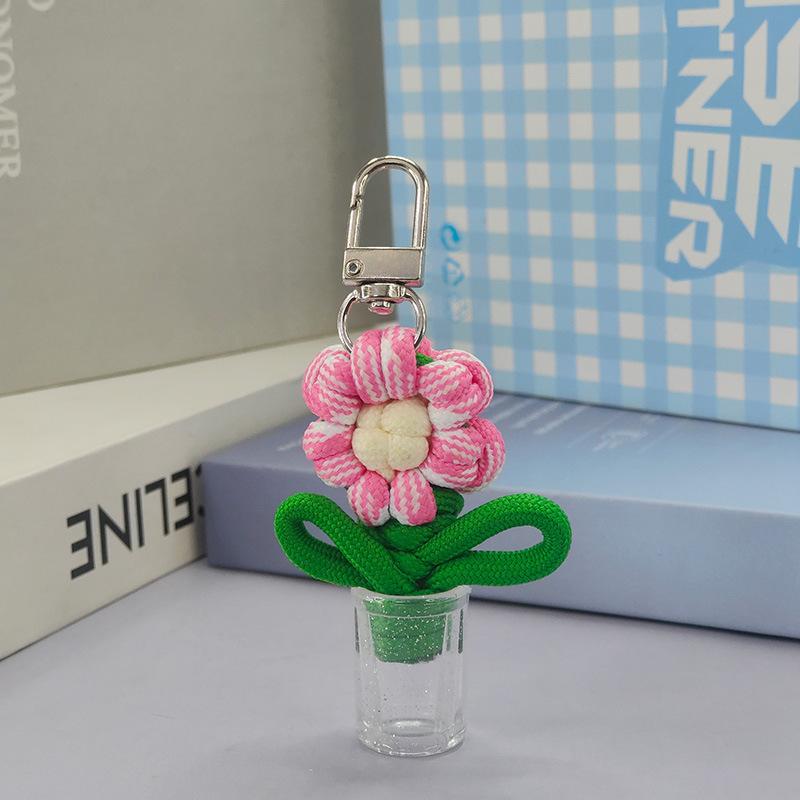 Adorable Handwoven Flower Keychain Mini Potted Vase Plant Charm Pendant for Girls Bag Accessory