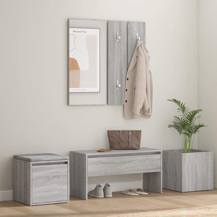 VidaXL Ensemble de Meubles de Couloir Banc d'Entrée Boîte de Rangement Miroir de Coiffeuse Porte-manteau Sonoma Gris Bois 3120201