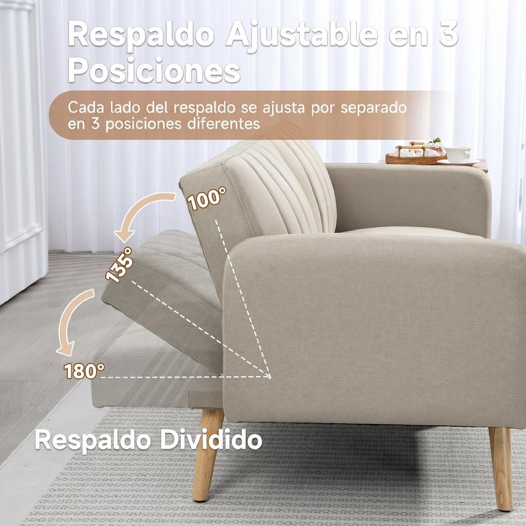 Sofa Bed, 2-Seater, Synthetic Linen, Adjustable Backrest, Detachable Arms, 173 x 75 x 73 cm, Beige