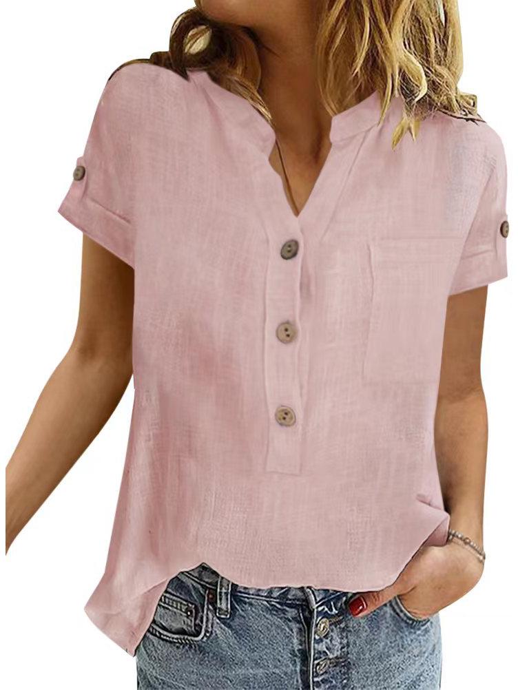 Women's Summer Retro Patchwork Cotton Linen V-Neck Button Short Sleeve Top