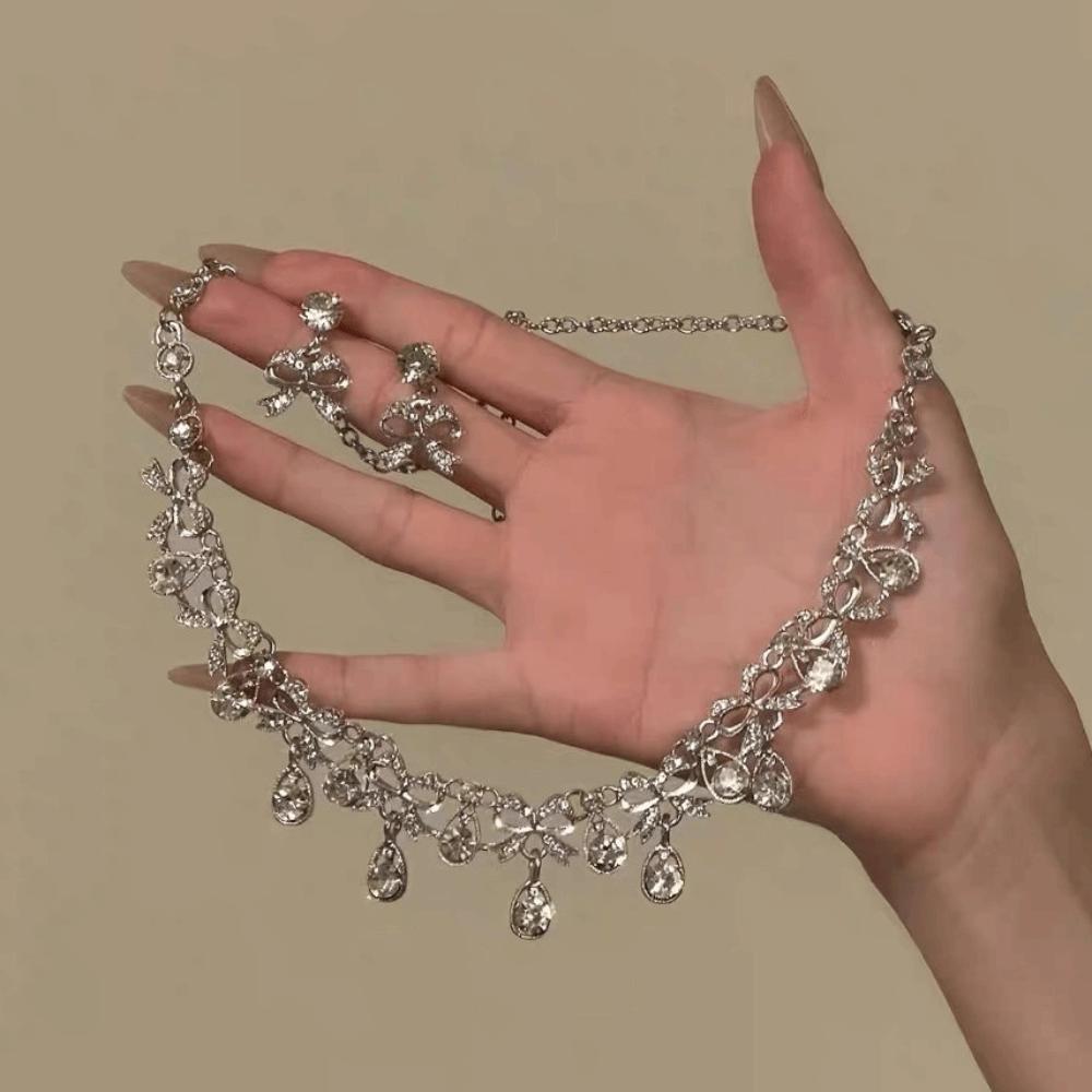 2 pieces Inlaid Necklace Earrings Set Bow Crystal Necklace Set Rhinestone Jewelry Set Women
