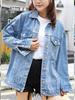 Женская ретро джинсовая куртка с лацканами - Европейский стиль, свободный крой, длинный рукав для весны и осени