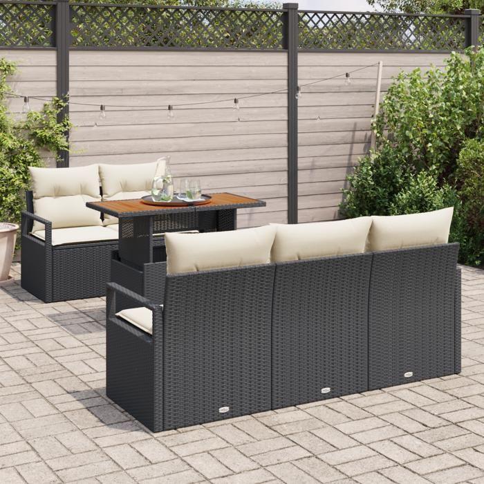 Ensemble 6 pièces canapé de jardin avec coussins poly rattan noir acacia, Canapé de jardin 2 places avec coussins poly 3349648